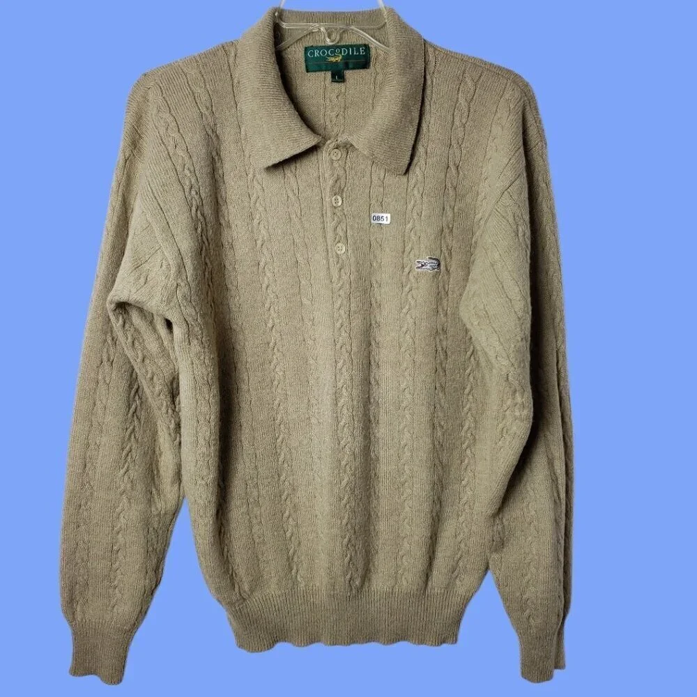 Crocodile Vtg Cable Knit Sweater With Embroidered Logo Wool Blend Beige Large
